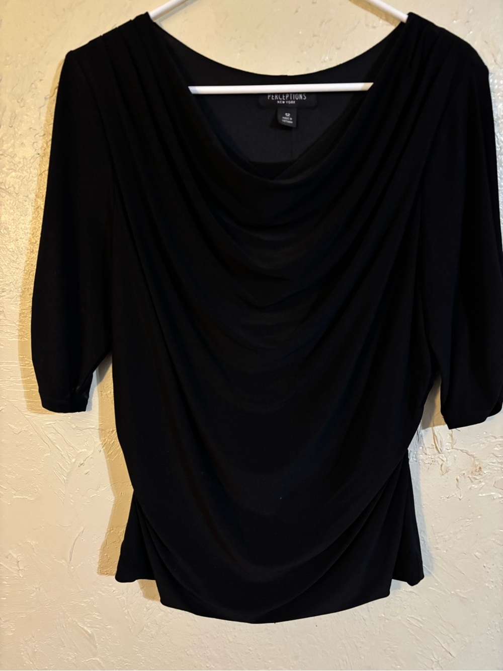 Perceptions New York Black Cowl-Neck Draped Women's Tunic top.
